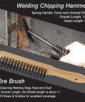 Chipping hammer, side view, with spiral spring handle in use on metal; wire brush and 25-piece welding set.