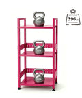 Rolling 3 Tier Metal Storage Organizer With Soft Pink Finish And Adjustable Foot Pads For Squishy Spaces Featuring Pop Off Guard Panels To Knock Kitchen Laundry And Garage Jumble Down Easy For Stress Free Home Upkeep Anywhere You Park It with kettlebells on shelves.