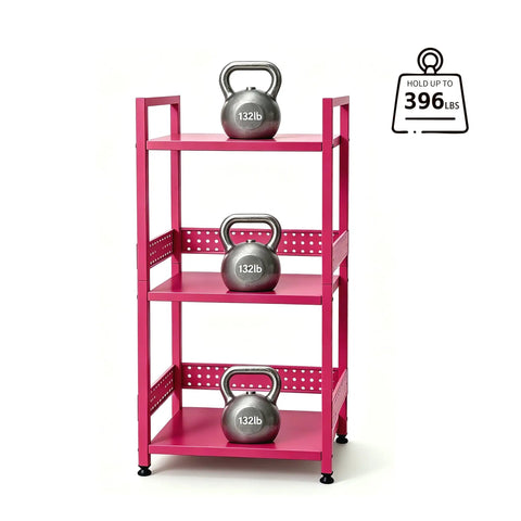 Rolling 3 Tier Metal Storage Organizer With Soft Pink Finish And Adjustable Foot Pads For Squishy Spaces Featuring Pop Off Guard Panels To Knock Kitchen Laundry And Garage Jumble Down Easy For Stress Free Home Upkeep Anywhere You Park It with kettlebells on shelves.