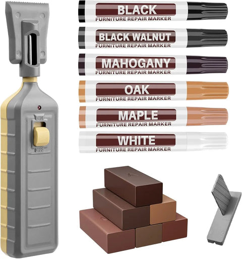 No Sweat Quick Fix Do It Yourself Laminate Floor Repair Kit With Heat Pen For Wood Vinyl Linoleum Scratch Cover includes heat pen, wax sticks, and markers.