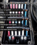 Top Shelf Slick 60 Piece Euro Style Torpedo Fuse Kit For Old School Classic Cars Heavy Duty Fast Blow Automotive Electrical Repair Quick Fix Road Ready Parts showing a blown fuse box diagram.