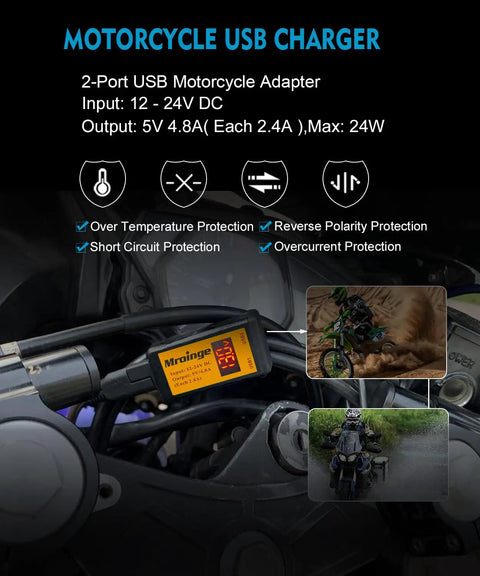 Motorcycle USB Charger With Dual USB Ports 4.8 Amp Output SAE To USB Adapter With Built In Voltmeter And Ammeter Quick Disconnect Plug On Off Power Switch Perfect For Charging Smartphones GPS Action Cameras On The Road