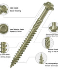 Detailed image of one pound pack of 12 gauge exterior lag screws, 2 inch length, hex washer head, yellow coating, rust resistant.