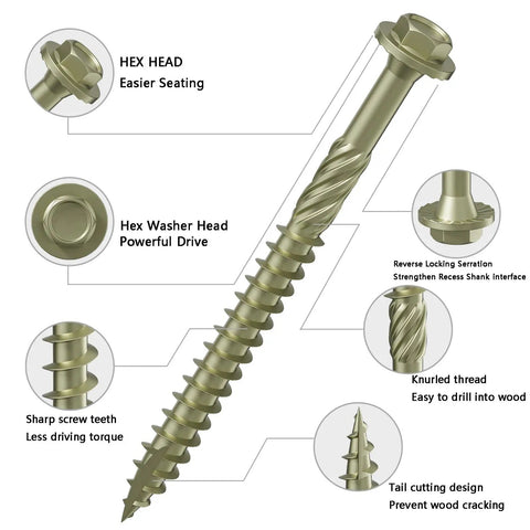 Yellow Hex Exterior Lag Screws Number 12 By 4 Inch, 26 Piece Bag, detailed view showing hex washer head and knurled thread.