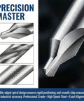 Top Shelf 7 Piece Center Drill Bit Set Crafted From Heavy Duty M2 High Speed Steel With A Sharp 60 Degree Countersink Design Ideal For Lathe Work And Shop Metalworking Tasks Featuring A Dead Reliable Range Of Exact Hole Sizes Included, close-up of drill bit tip
