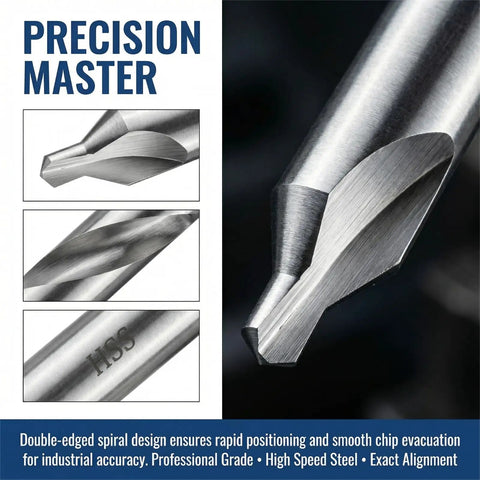 Top Shelf 7 Piece Center Drill Bit Set Crafted From Heavy Duty M2 High Speed Steel With A Sharp 60 Degree Countersink Design Ideal For Lathe Work And Shop Metalworking Tasks Featuring A Dead Reliable Range Of Exact Hole Sizes Included, close-up of drill bit tip