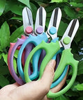 Purple Stainless Steel Pruning Shears For Garden Work Ergonomic Handles Lightweight Manual Scissors displayed with purple, blue, and green handles