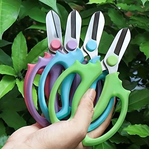 Purple Stainless Steel Pruning Shears For Garden Work Ergonomic Handles Lightweight Manual Scissors displayed with purple, blue, and green handles