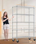 Heavy Duty 5 Tier Wire Shelving Unit With Rolling Caster Wheels Rock Solid Metal Storage Rack Adjustable Garage Pantry Kitchen Organizer Slick Silver Gear Setup next to a woman, displaying height and dimensions.