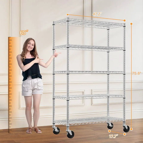Heavy Duty 5 Tier Wire Shelving Unit With Rolling Caster Wheels Rock Solid Metal Storage Rack Adjustable Garage Pantry Kitchen Organizer Slick Silver Gear Setup next to a woman, displaying height and dimensions.