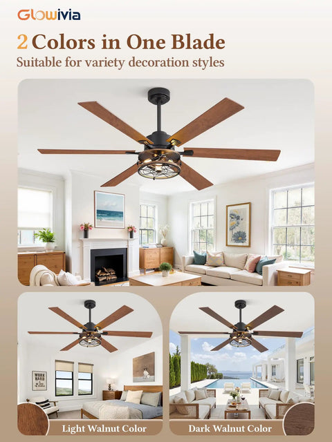60 Inch Farmhouse Industrial Ceiling Fan With Lights And Remote, Black Cage Design, Double Sided Blades, Living Room