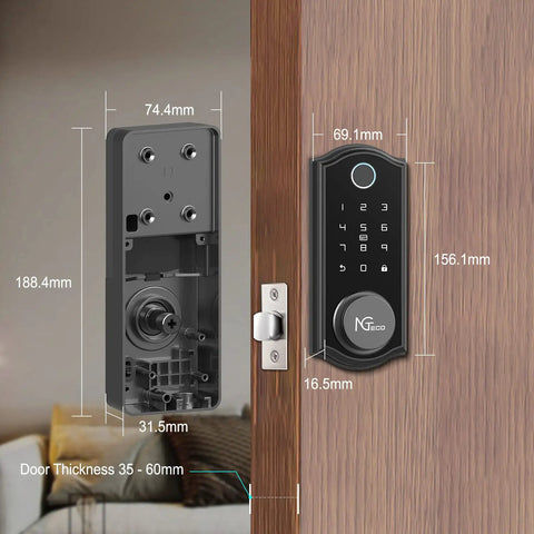 Smart Deadbolt With Bluetooth And Biometric Fingerprint Keypad For Fast No Keys Needed Entry installed on a wooden door.