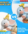 Comparison of clay elephant figurines showing effects of Air Dry Clay Glaze And 25 Piece Tool Kit With Gloss Varnish Protectant.