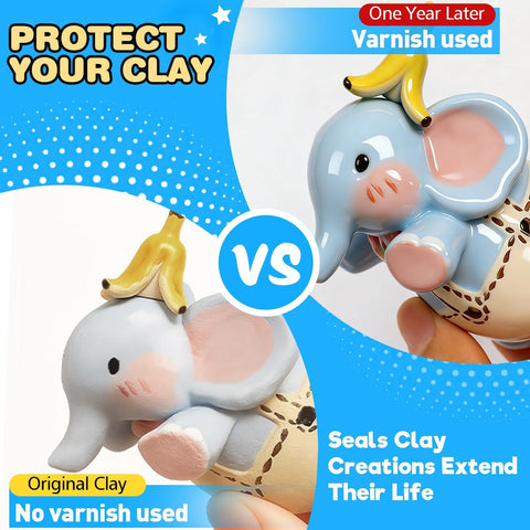 Comparison of clay elephant figurines showing effects of Air Dry Clay Glaze And 25 Piece Tool Kit With Gloss Varnish Protectant.
