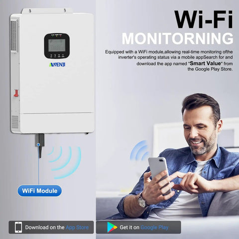 3600W Hybrid Solar Inverter 48V DC To 110V AC Pure Sine Wave With Built In 80A MPPT Controller and Wi-Fi module for monitoring.