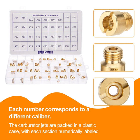 Holley Jet Assortment Kit For Carburetors, 72-Piece Jet Set With Sizes #64 To #99, packed in labeled plastic case with brass jets