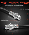 Close-up of stainless steel fittings on brake hose for Front Brake Hydraulic Hose Set For Lexus GX460 GX470 Toyota 4Runner And FJ Cruiser Front Left And Front Right Driver And Passenger Side Pack Of 2 Direct Fit Replacement 9094702D35