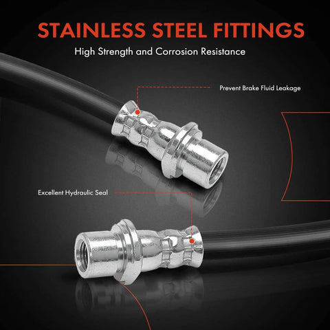 Close-up of stainless steel fittings on brake hose for Front Brake Hydraulic Hose Set For Lexus GX460 GX470 Toyota 4Runner And FJ Cruiser Front Left And Front Right Driver And Passenger Side Pack Of 2 Direct Fit Replacement 9094702D35