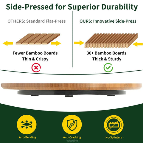 Side view of 14 Inch Bamboo Lazy Susan Turntable Organizer showing side-pressed bamboo for durability with anti-cracking feature.