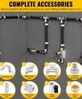 3/4 Inch By 200 Ft Black HDPE Air Piping Kit With Aluminum Wall Outlet Blocks For Rapid Shop And Garage Air System Includes Pro Grade Fittings Clamps Pipe Cutter And Removal Tools, showing connection details and components.