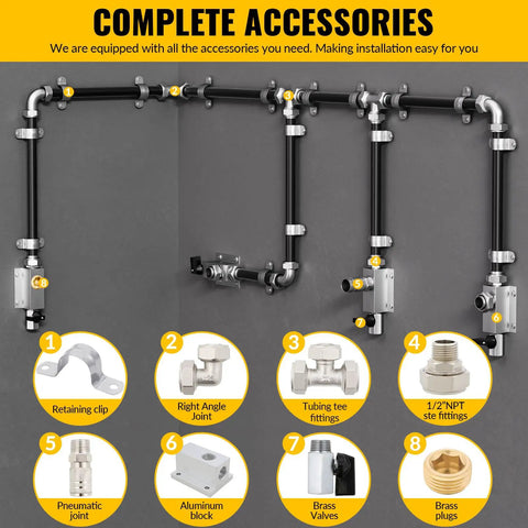 3/4 Inch By 200 Ft Black HDPE Air Piping Kit With Aluminum Wall Outlet Blocks For Rapid Shop And Garage Air System Includes Pro Grade Fittings Clamps Pipe Cutter And Removal Tools, showing connection details and components.