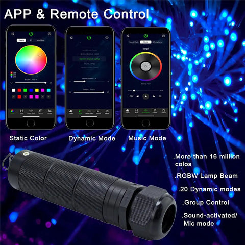 Mini 6W RGBW Fiber Optic Starlight Headliner Kit For Car And Home Ceiling Decor With 450 Strands On 13.1 Feet 18 LED Pure White Meteor Shooting Star Sound Activated Remote App Control featuring app interface