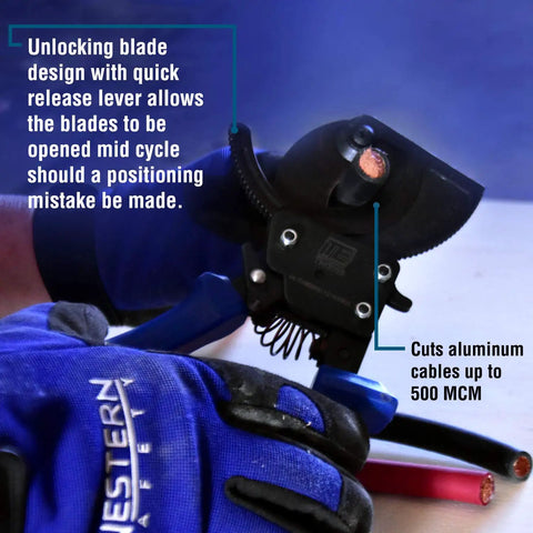 Gloved hand using Heavy Duty Ratcheting Wire And Cable Cutter For Copper And Aluminum Up To 500 MCM With Hard Oxide Cutting Head