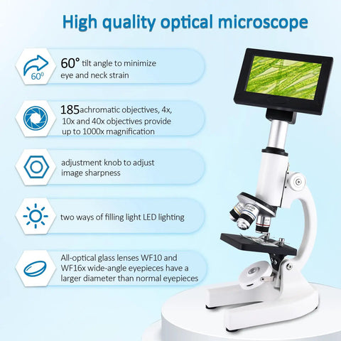 Kids Microscope With 40X To 2500X Magnification, HD 4 Inch Display, LED Fill Light, Wide Angle Eyepieces, 185X Objective in use