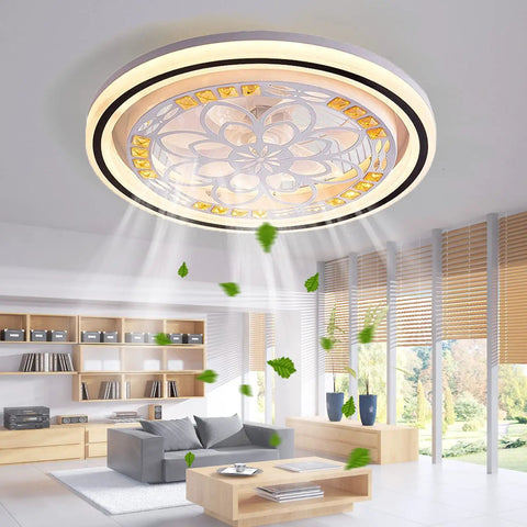 Living room with 20In LED Enclosed Low Profile Flower Ceiling Fan Light With Remote, emitting light and cooling, modern decor