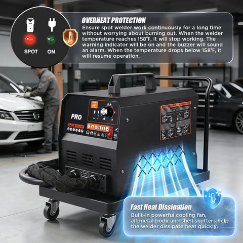 Beefy 3500W 4200A Stud Welder Dent Repair Kit in auto workshop with overheat protection feature highlighted