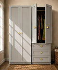 Slick Brushed Gold Cabinet Knobs Two Pack Modern Three Groove Handle Style on gray wardrobe doors with open drawers.