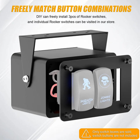 3 Gang Aluminum Rocker And Toggle Switch Box For Panels with switch illustrations, rugged metal frame for vehicles