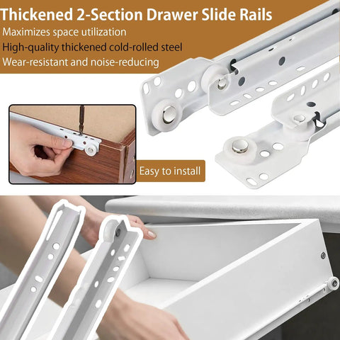 22 Inch Soft Close Drawer Slides 1 Pair Heavy Duty Side and Bottom Mount Glides for Cabinets and Dressers Replacement White 55lb Capacity With Quiet Smooth Nylon Rollers, white steel rollers