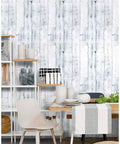 Room with Peel And Stick Wood Shiplap Wallpaper In Light Grey White And Blue Distressed Planks, dining set and shelving unit