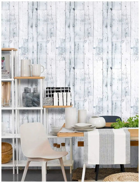 Room with Peel And Stick Wood Shiplap Wallpaper In Light Grey White And Blue Distressed Planks, dining set and shelving unit