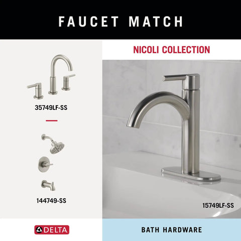 Delta Nicoli Collection faucet set with single-handle, widespread, and bath hardware in brushed nickel finish.