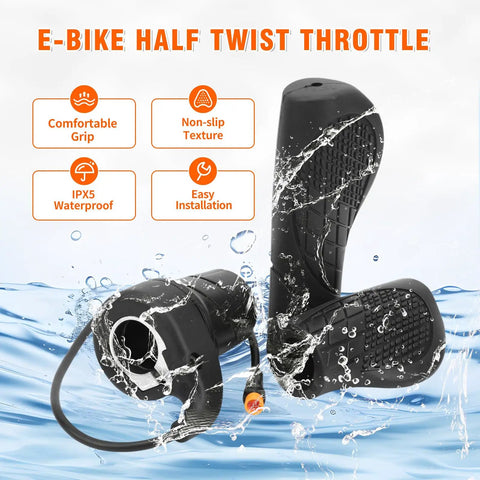 Half Twist Ebike Throttle Right Handle With Waterproof Plug for MTB Conversion Kit, splash-proof design, and textured grip