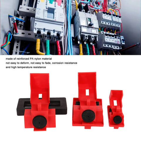 Lockout Tagout Kit With Twelve Piece Single Pole Breaker Lockout Devices Nylon Clamp On Lockout Locks shown with electrical panel