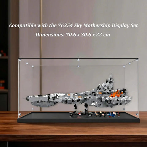 Premium Acrylic Display Case For Lego 76354 Aircraft Carrier Kit, 70.6x30.6x22cm, clear panels, displayed on wooden surface.