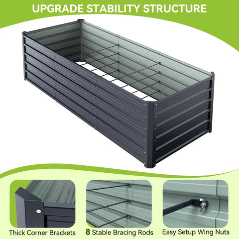 Heavy Duty Tall Raised Garden Bed 8 By 3 By 1.9 Feet Galvanized Steel Rustproof Planter Box Holds 341 Gallons Non Toxic For Veggies Flowers And Herbs Outdoor, charcoal grey with stability features shown.