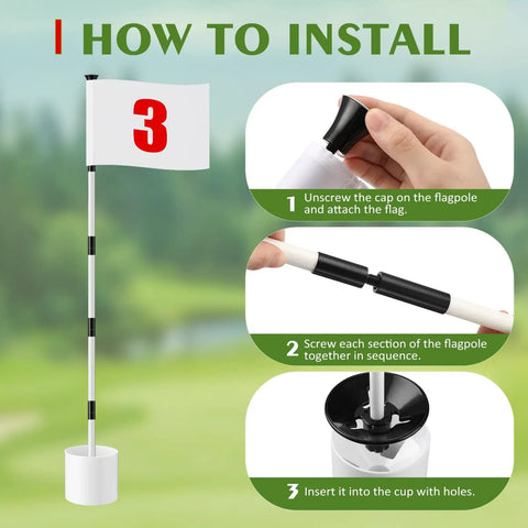 Installing Six Foot Golf Flag Stick Set With Three Complete Flag Cup Kits And Numbered Nylon Flags for chipping practice.