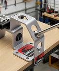 Heavy Duty Bicycle Wheel Holder And Tire Repair Stand with three position angles in silver steel on garage workbench