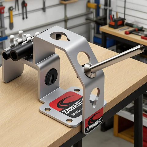 Heavy Duty Bicycle Wheel Holder And Tire Repair Stand with three position angles in silver steel on garage workbench