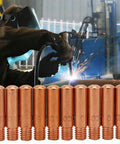 Premium MIG Welding Contact Tips Replacement Consumables With M6x1.0 Thread Fit Model 11 35 Standard Size For Smooth Wire Feed And Torch Setup 10 Pack displayed with welding in action.