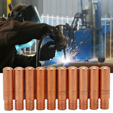 Premium MIG Welding Contact Tips Replacement Consumables With M6x1.0 Thread Fit Model 11 35 Standard Size For Smooth Wire Feed And Torch Setup 10 Pack displayed with welding in action.