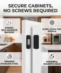 Strong No Drill Magnetic Cabinet Catches With Adhesive Backing Stainless Steel Latches 20 Pack installed on white cabinet in kitchen
