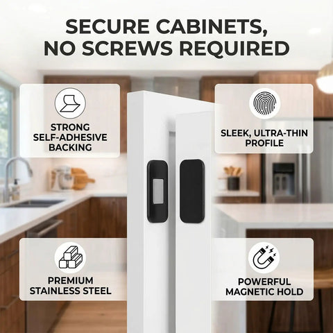 Strong No Drill Magnetic Cabinet Catches With Adhesive Backing Stainless Steel Latches 20 Pack installed on white cabinet in kitchen