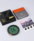 77mm ND4 to ND64 Variable ND and CPL 2 In 1 Lens Filter with packaging and accessories.