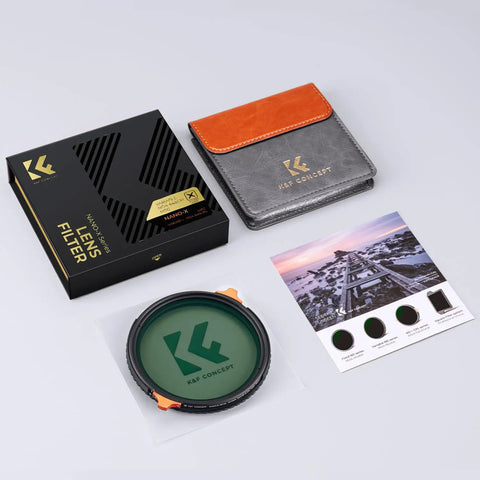 77mm ND4 to ND64 Variable ND and CPL 2 In 1 Lens Filter with packaging and accessories.
