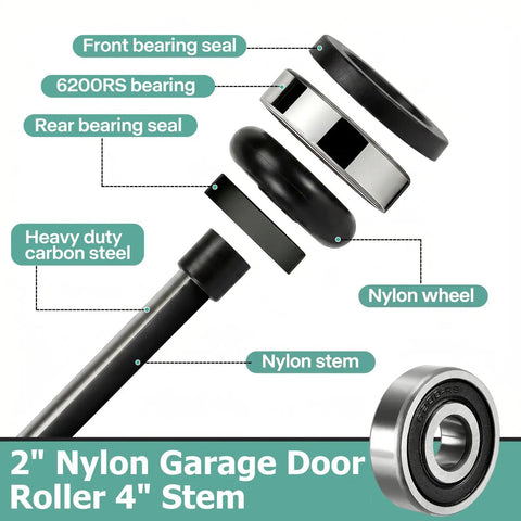 12 Pack Black 2 Inch Nylon Garage Door Rollers With 4 Inch Nylon Layer Stem With Double Seal 6200 2RS Bearings Components